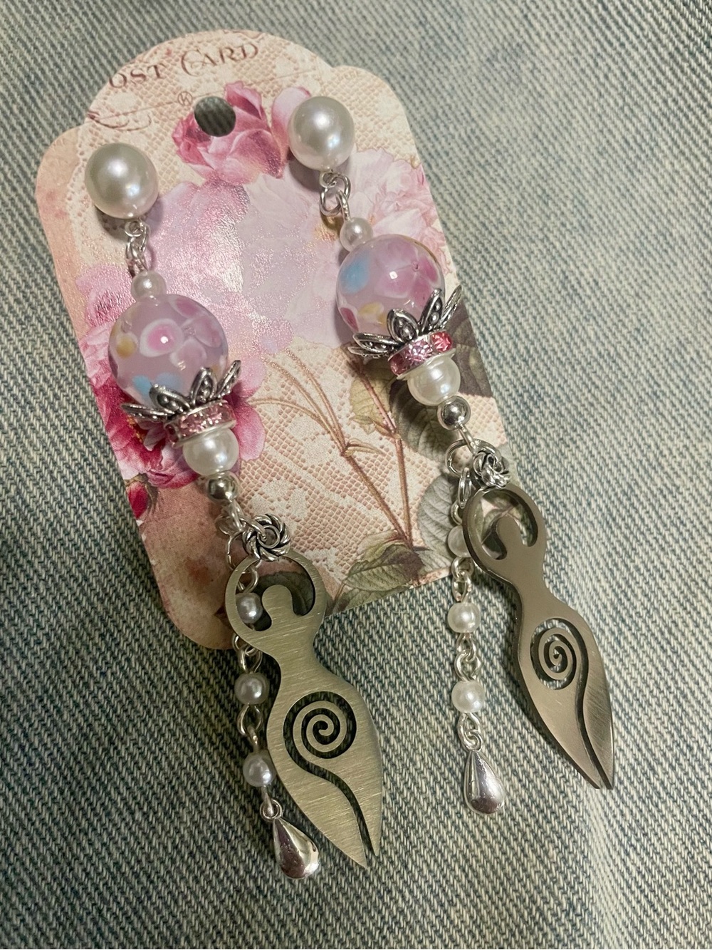 Hand Crafted Pink Floral Glass Bead Goddess Dangle Earrings with Pearls
